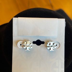 Tory Burch small T logo stud earrings in silver